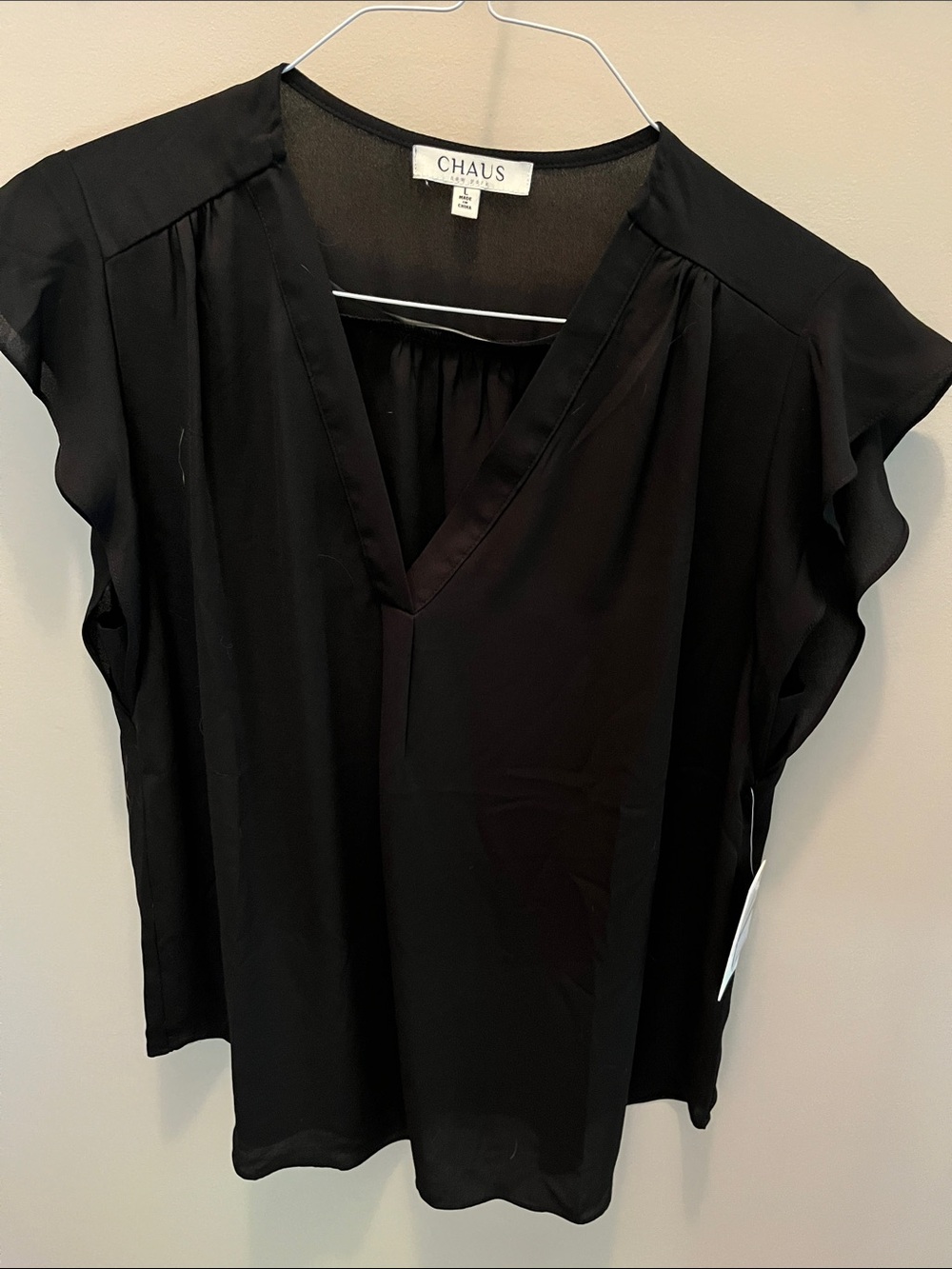 Chaus Black V-Neck Flutter Sleeve Blouse